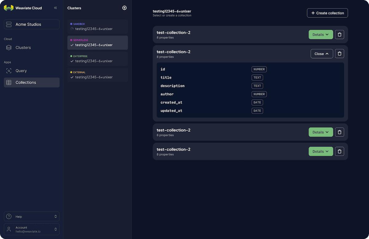 Weaviate Cloud Collections view, showing multiple cluster types and an expanded collection schema with its properties and data types