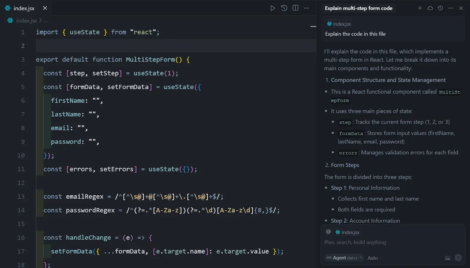 Cursor’s AI assistant explaining a piece of React code in an index.js file