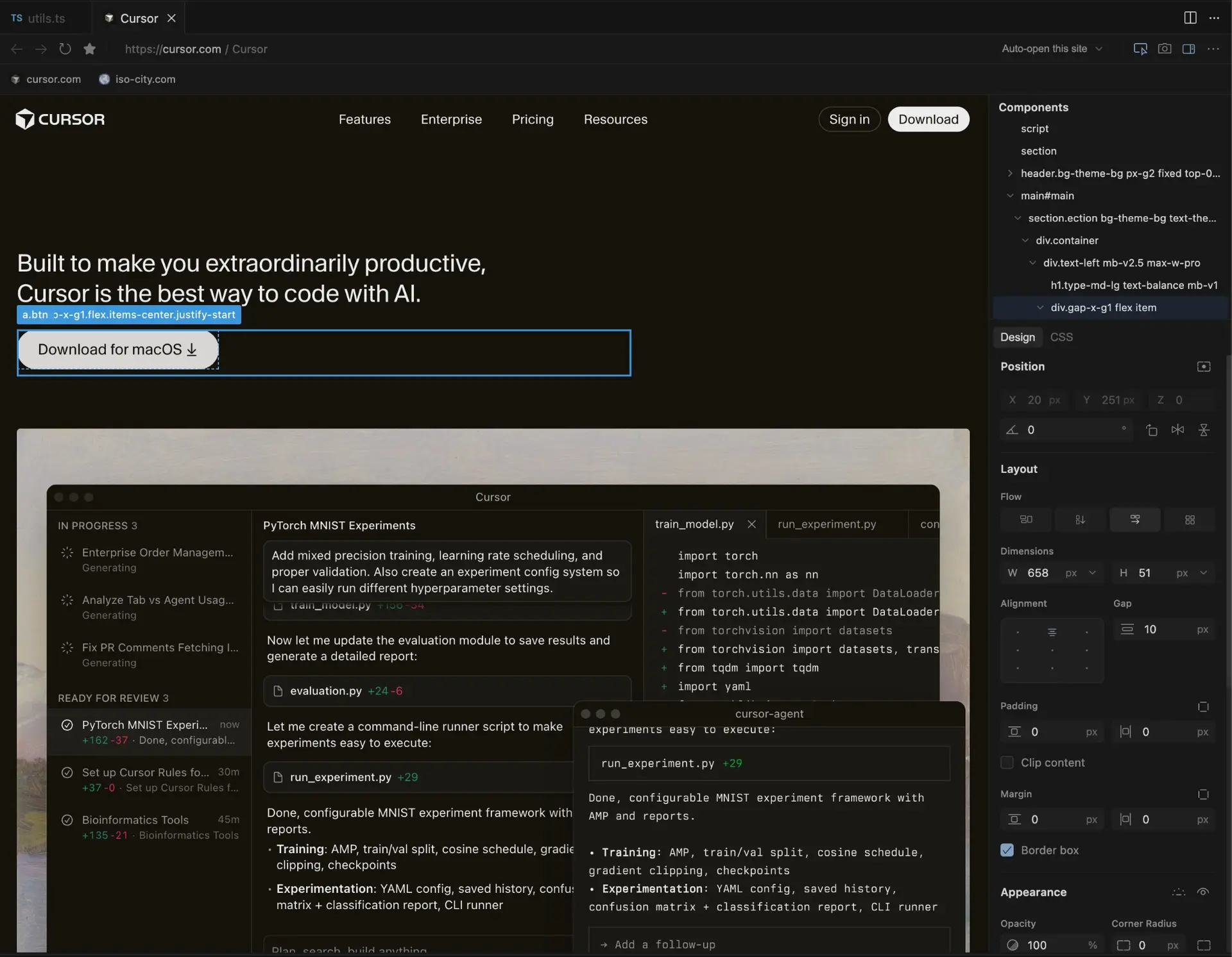Cursor’s built-in browser with design sidebar for modifying your site directly in Cursor