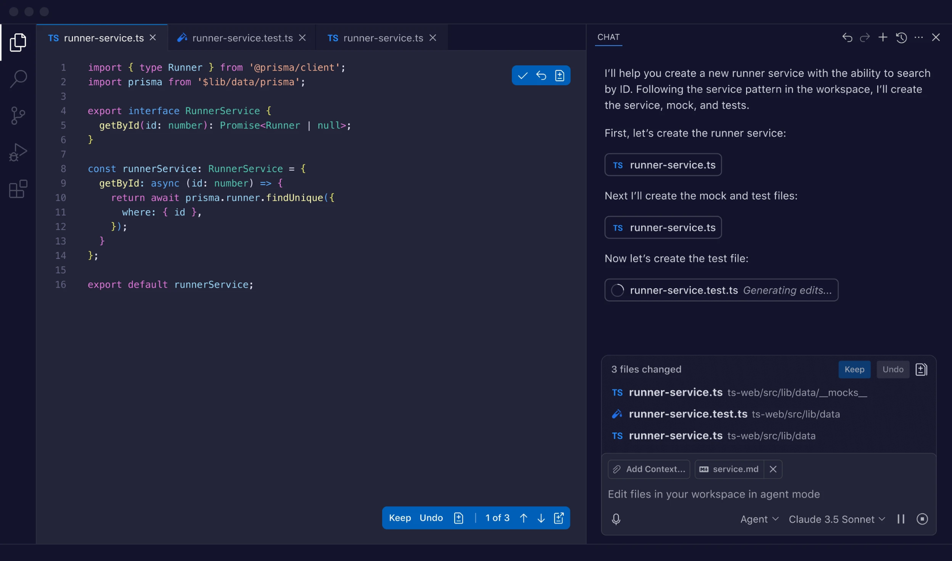 GitHub Copilot chat interface on the right panel