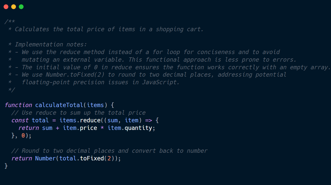 Code comments explaining the implementation decisions behind a piece of JavaScript code.