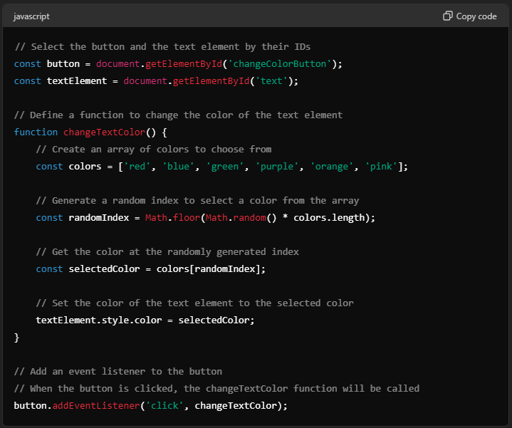 Comments added to JavaScript code with ChatGPT.