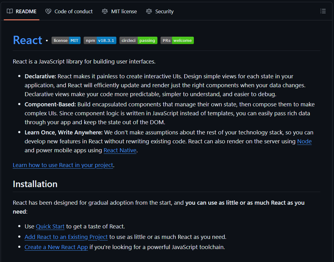 README file for React open-source GitHub repository.
